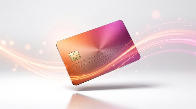 Metallic payment card with gradient orange and purple hues floating above a reflective surface