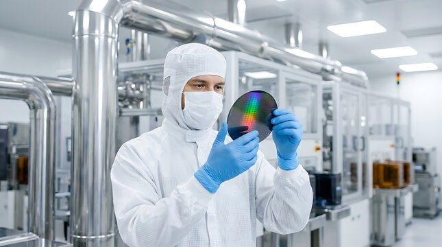 A worker in a cleanroom suit and mask holding a circular silicon wafer with a rainbow reflection in a sterile semiconductor manufacturing plant