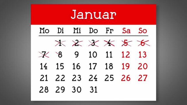 Calendar page for German January with days crossed out - 4k animation (3840 x 2160 px)