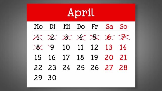 Calendar page for German April with days crossed out - 4k animation (3840 x 2160 px)