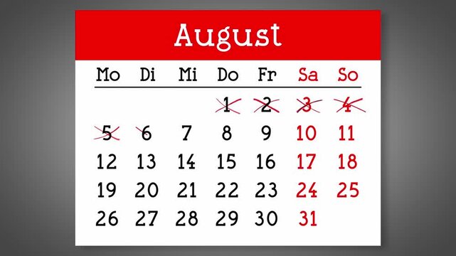 Calendar page for German August with days crossed out - 4k animation (3840 x 2160 px)