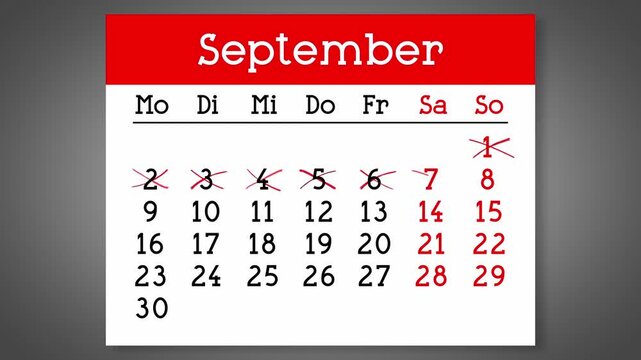 Calendar page for German September with days crossed out - 4k animation (3840 x 2160 px)