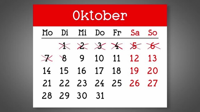 Calendar page for German October with days crossed out - 4k animation (3840 x 2160 px)