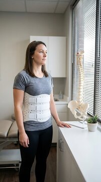 A woman standing in a physical therapy clinic wearing a white back brace, next to a plastic anatomical spine model on a white cabinet surface