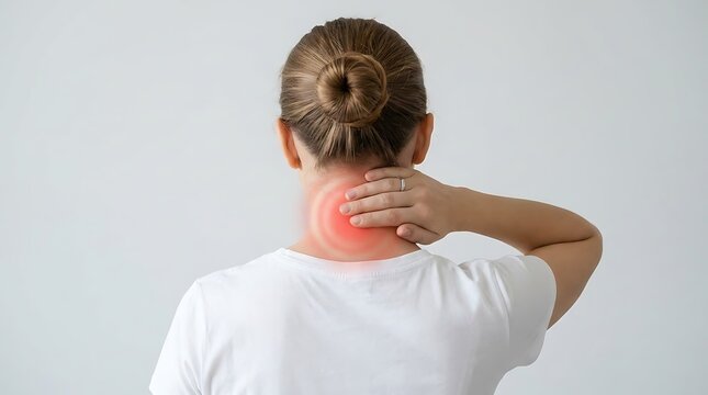 A woman seen from behind wearing a white t-shirt touching her neck where a red glowing circle indicates pain or inflammation on her upper back