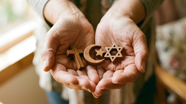 Human hands holding wooden religious symbols against a clean white background