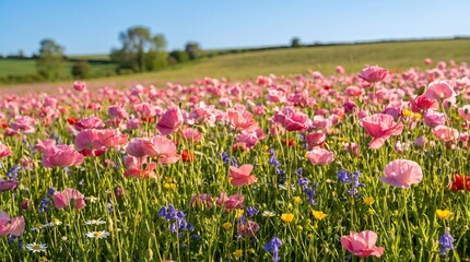 Obraz premium Field of blooming pink poppies mixed with delicate wildflowers, gently swaying in the breeze
