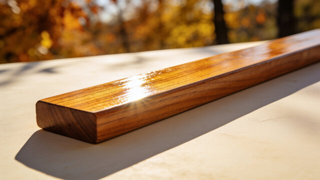 Polished glossy wooden bench surface showing natural wood grain texture with autumn blurred background in warm sunlight