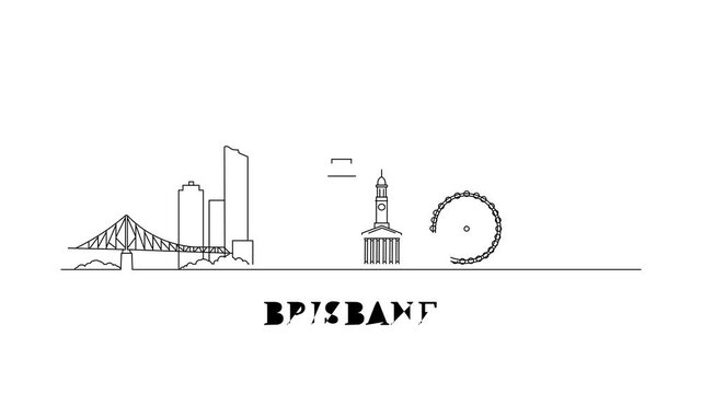 Simple black line drawing shows Brisbane skyline