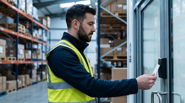 A warehouse worker with a beard wearing a yellow visibility vest using an electronic security key card to open a glass door in a warehouse