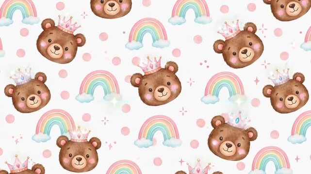 Cute teddy bear pattern with crowns and rainbows scrolling seamlessly on a white background for nursery decor.