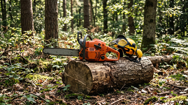 Orange chainsaw with a blank casing resting on a felled log in the forest