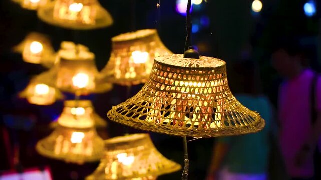 Rustic Pendant Lamps Hanging From Ceiling In Thai Hotel Interior Thailand.