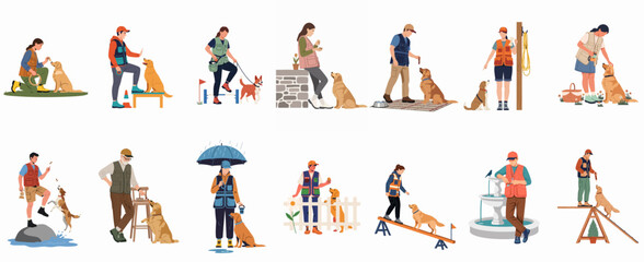 Fototapeta premium Collection of Flat Vector Illustrations Showing People Training, Playing, and Caring for Their Dogs in Various Outdoor Settings