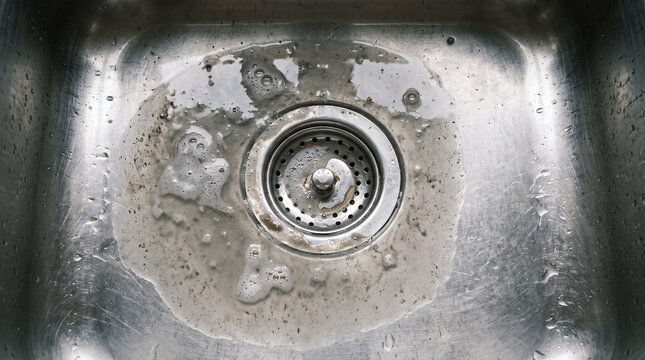 Standing soapy grey water pooling around a stainless steel kitchen sink drain