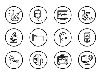 Fototapeta premium Set of medical and healthcare icons featuring diagnostic equipment and hospital supplies in a clean line art style