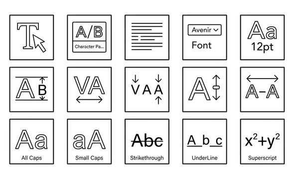 Set of fifteen typography and text formatting icons for graphic design software and word processing applications