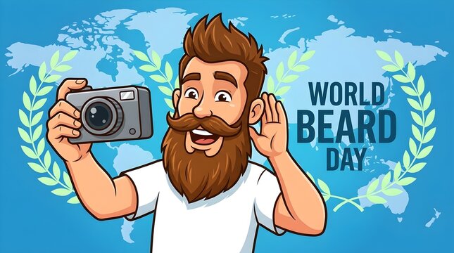 Cartoon Beard Man Taking Selfie for World Beard Day