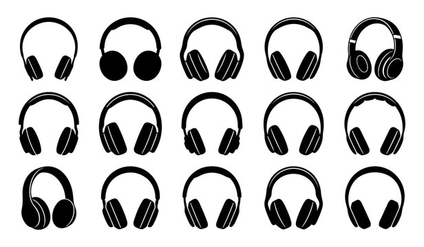 Collection of various black silhouette icons of modern over ear headphones isolated on white background