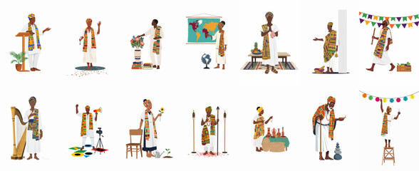 Naklejka premium Set of character illustrations featuring an African man in traditional attire performing diverse roles from educator to performer, on a white background.