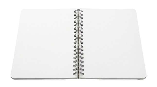 Minimalist spiral notebook mockup, open blank sketchbook with white pages, clean paper stationery for sketching and writing