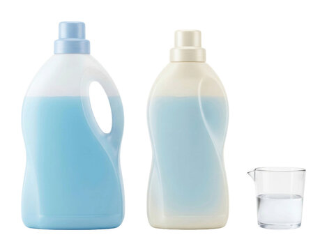 Two bottles of liquid cleaner alongside a measuring cup for effective household cleaning tasks