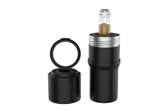 Modern stainless steel double wall vacuum insulated beverage cooler cup designed to hold standard cans and bottles, isolated on white background. 3D illustration