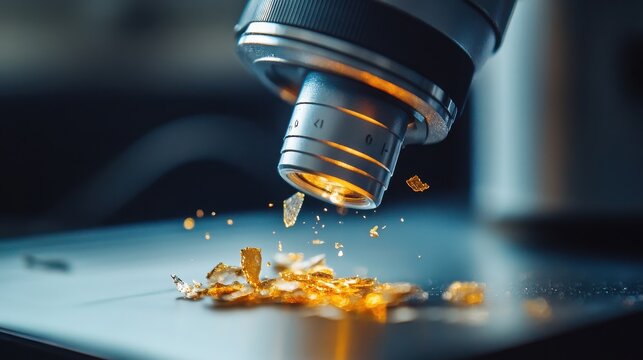 Microscope lens focuses intensely on glowing golden crystalline particles scattered across a black testing stage, capturing the brilliant light reflections of high-end mineral research.