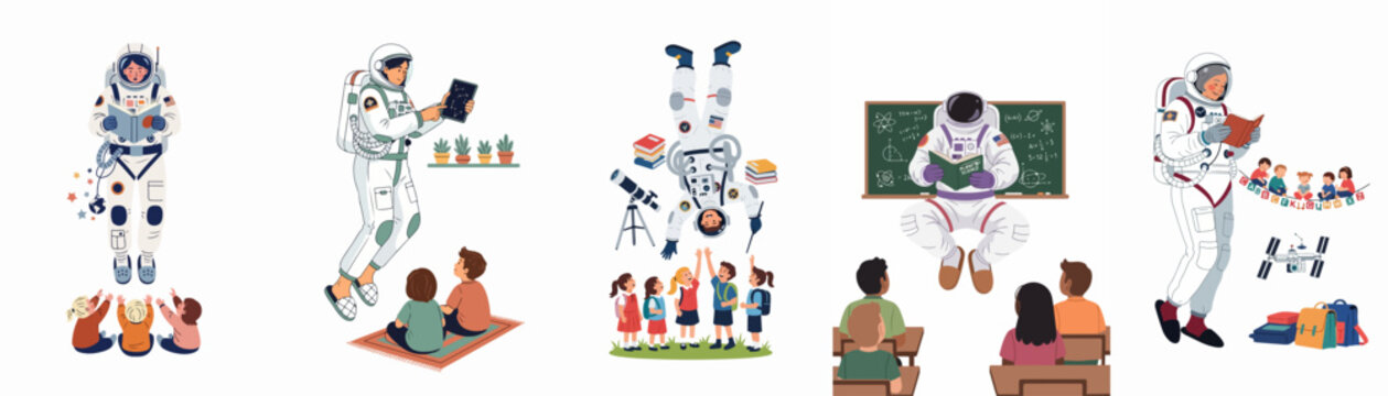A set of five vector illustrations featuring astronauts teaching and interacting with children in classroom and outdoor settings, promoting science and space exploration education.
