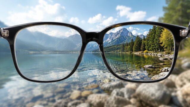 Vision focus improvement through corrective eyeglasses showing sharp mountain lake landscape view clarity.