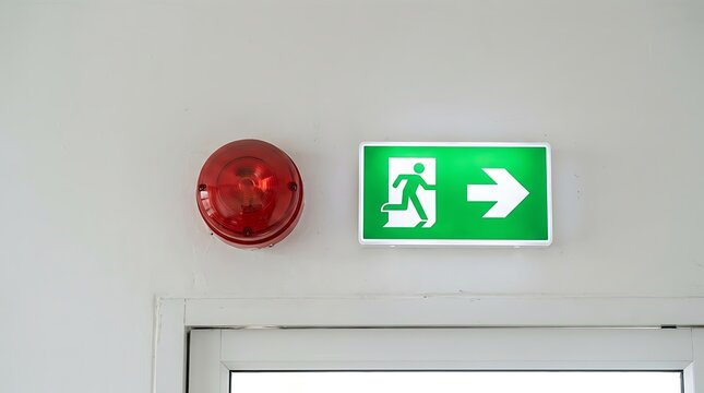 A red fire alarm strobe light and a green illuminated emergency exit sign mounted on a white wall above a doorway in a building interior space