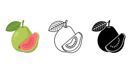 Guava fruit icon set, tropical pink guava illustrations in color, line art and silhouette styles, fresh exotic fruit graphics © sumera