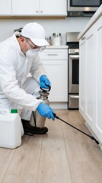 A pest control technician in a white protective suit and mask sprays insecticide along the baseboards of a modern white kitchen