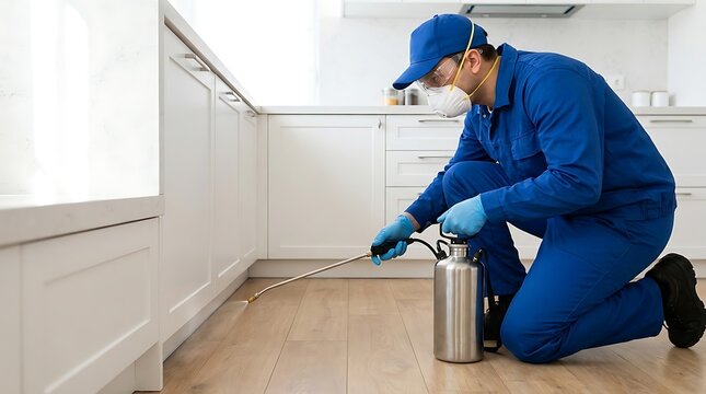A pest control worker in a blue uniform and face mask kneeling on a kitchen floor while spraying insecticide along the baseboards of cabinets