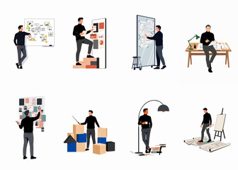 Fototapeta premium A collection of illustrations showing a man in various creative and professional office scenarios.