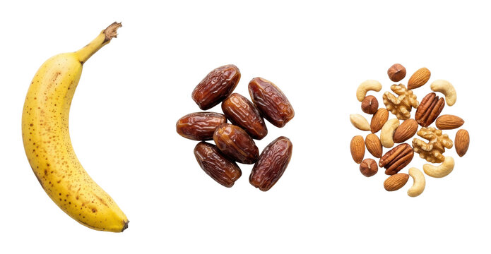 Variety of nuts and bananas arranged creatively for nutritious snack inspiration and healthy eating concepts