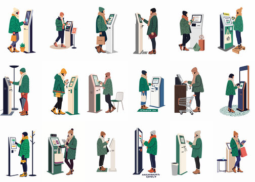 Flat illustration set of people using various self-service kiosks, digital terminals, and payment machines in a modern, minimalist style on white background.