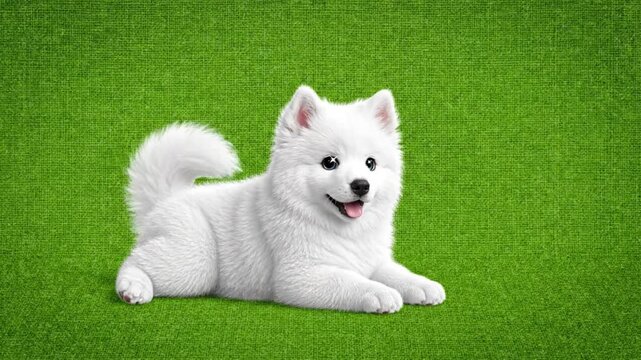 Cute White Samoyed Dog Lying Down on Green Grass Lawn. 4K Video