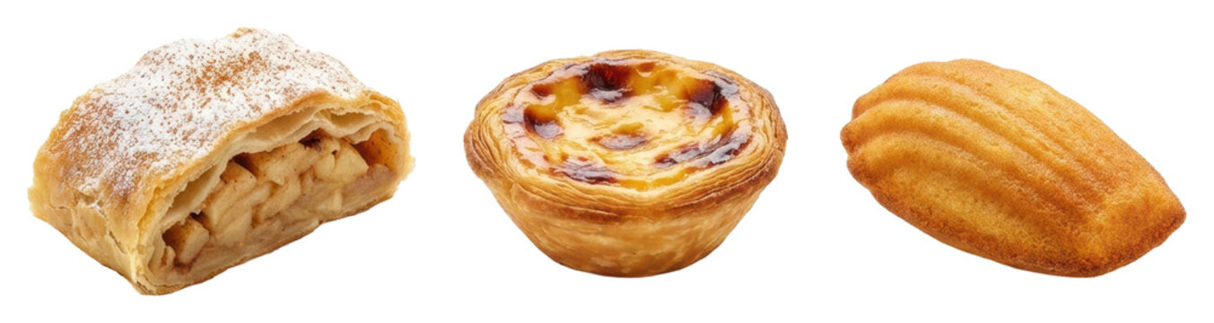 Tempting variety of baked treats including strudel custard tart and madeleines on a rustic wooden table