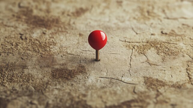 Pushpin colored in bright red pierces the center of a textured and weathered stone surface to mark a specific location or point of interest for travel planning and geographic mapping projects today.