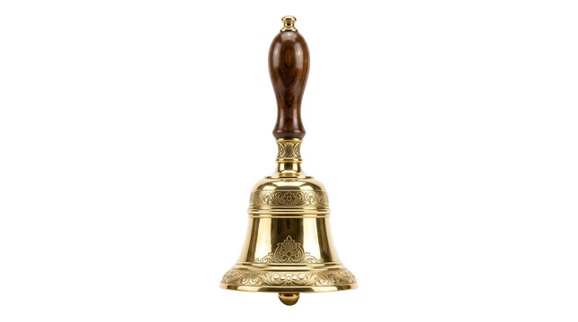 Vintage brass hand bell with wooden handle. Antique school bell for service and attention. Polished golden metal bell on white background.