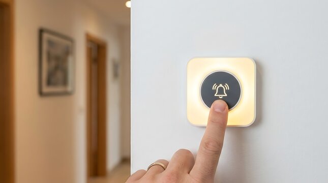 A person pressing a glowing white doorbell button mounted on a wall in a residential hallway with a blurred background, of a home interior