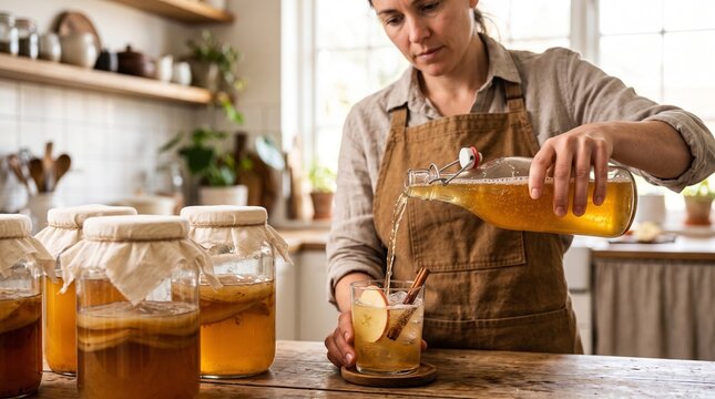 A dedicated female artisan prepares a refreshing glass of fermented kombucha tea by pouring the golden liquid from a glass bottle while working within her warm and inviting natural home kitchen
