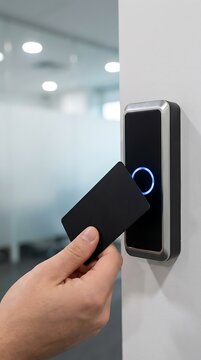 A person holds a black access card against a wall mounted electronic security reader with a glowing blue ring in an office hallway