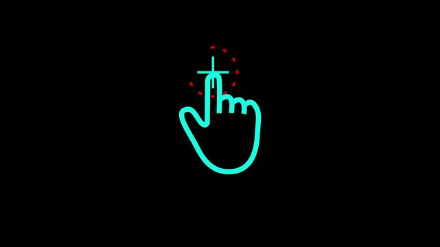 Neon hand touch gesture icon for modern digital user Interface design on black background .4k