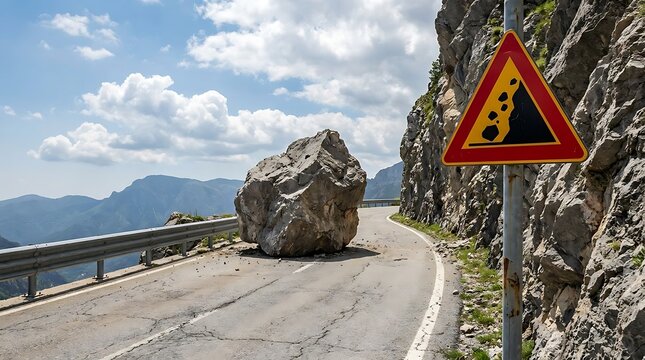 A large boulder blocking a mountain road next to a triangular rockfall warning sign under a bright blue sky with scattered white clouds
