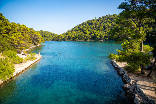 View of Veliko Jezero or Big Lake in Mljet National Park on Mljet Island in Croatia. Protected Mediterranean nature and peaceful lake landscape concept.