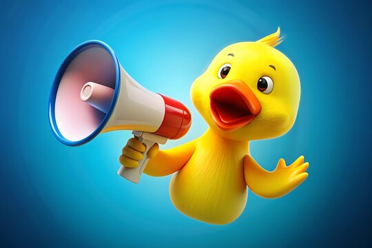Cartoon Yellow Rubber Duck Holding a Red and White Megaphone on Blue Background loudspeaker