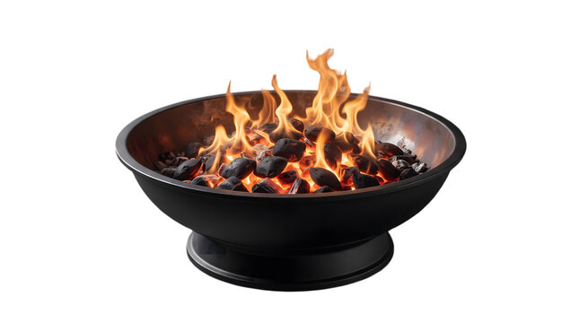 Black metal fire pit with burning charcoal isolated on a clean transparent background