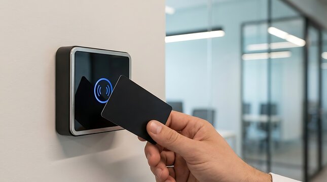 A hand holding a black access card near a wall mounted electronic security reader with a glowing blue light in a bright office hallway